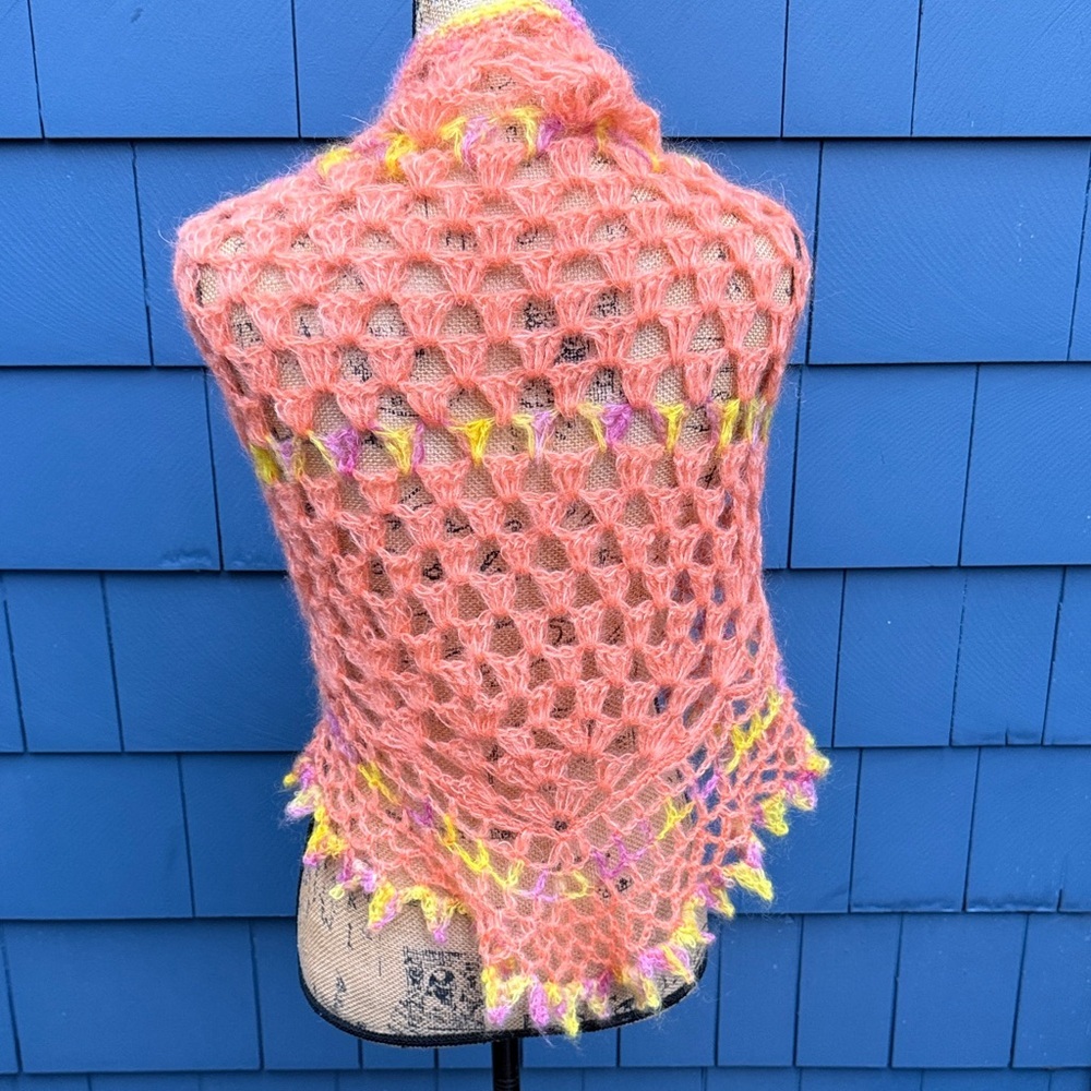Handcrafted Pink and Yellow Knit Scarf crochet, coral, yellow, and purple wrap - Picture 3 of 9